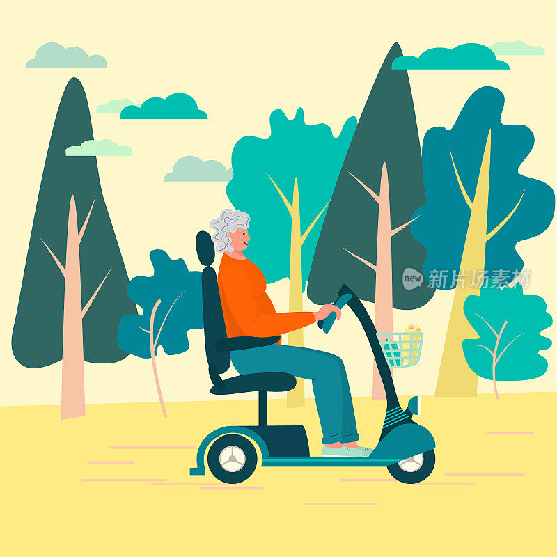 Independent elderly woman, aged 50 , travels on electric scooter. Strong female figure, gray curly hair, smiling. Rest in the forest, park. Scooter with seat. Sports lifestyle of old people